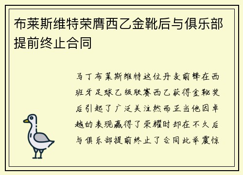 布莱斯维特荣膺西乙金靴后与俱乐部提前终止合同 布莱斯维特荣膺西乙金靴后与俱乐部提前终止合同